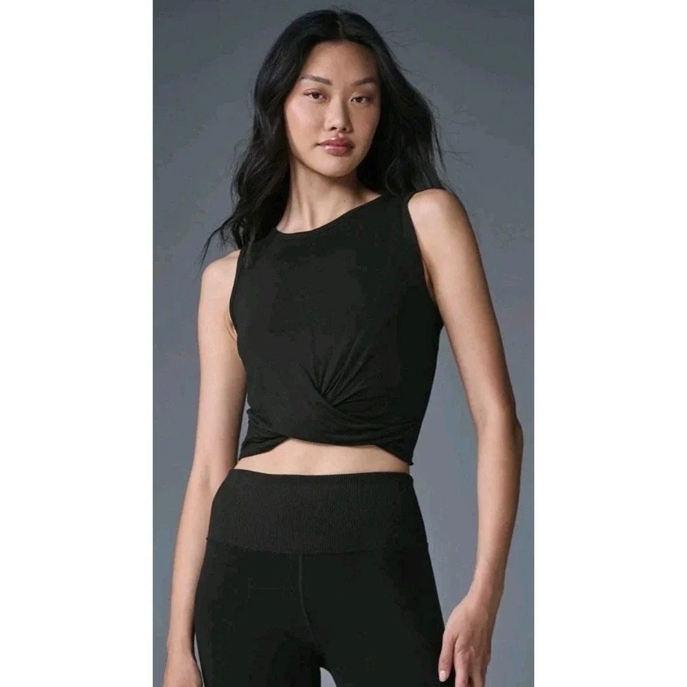 Alo Yoga Black Cover Crop Tank S Twist Knot Front Active Pilates Sleeveless